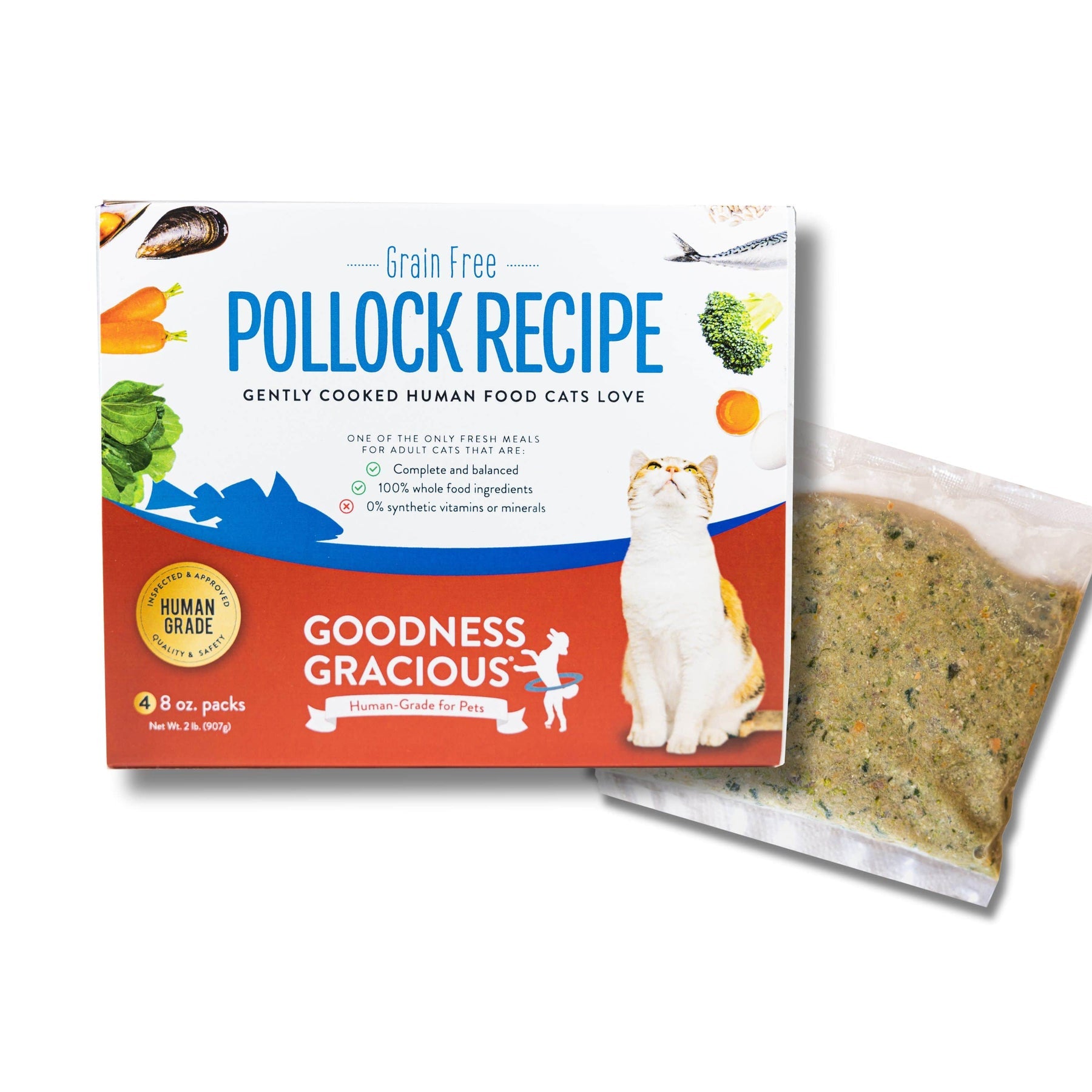 Goodness Gracious Human Grade Synthetic Free Pollock Recipe Gently Cooked Frozen Cat Food, 5ct/10lb Case