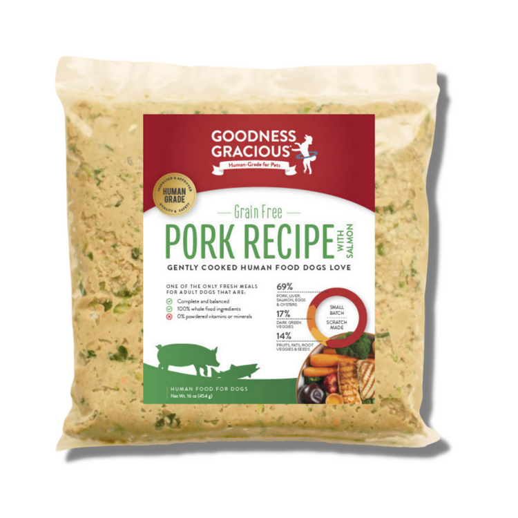 Goodness Gracious Human Grade Synthetic Free Pork with Salmon Recipe Gently Cooked Frozen Dog Food, 12ct/12lb Case