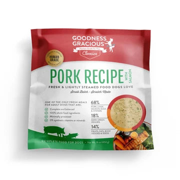 Goodness Gracious Human Grade Synthetic Free Pork with Salmon Recipe Gently Cooked Frozen Dog Food