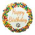 Round cake with colorful sprinkles and 'Happy Birthday' text, featuring a paw print on a white background.