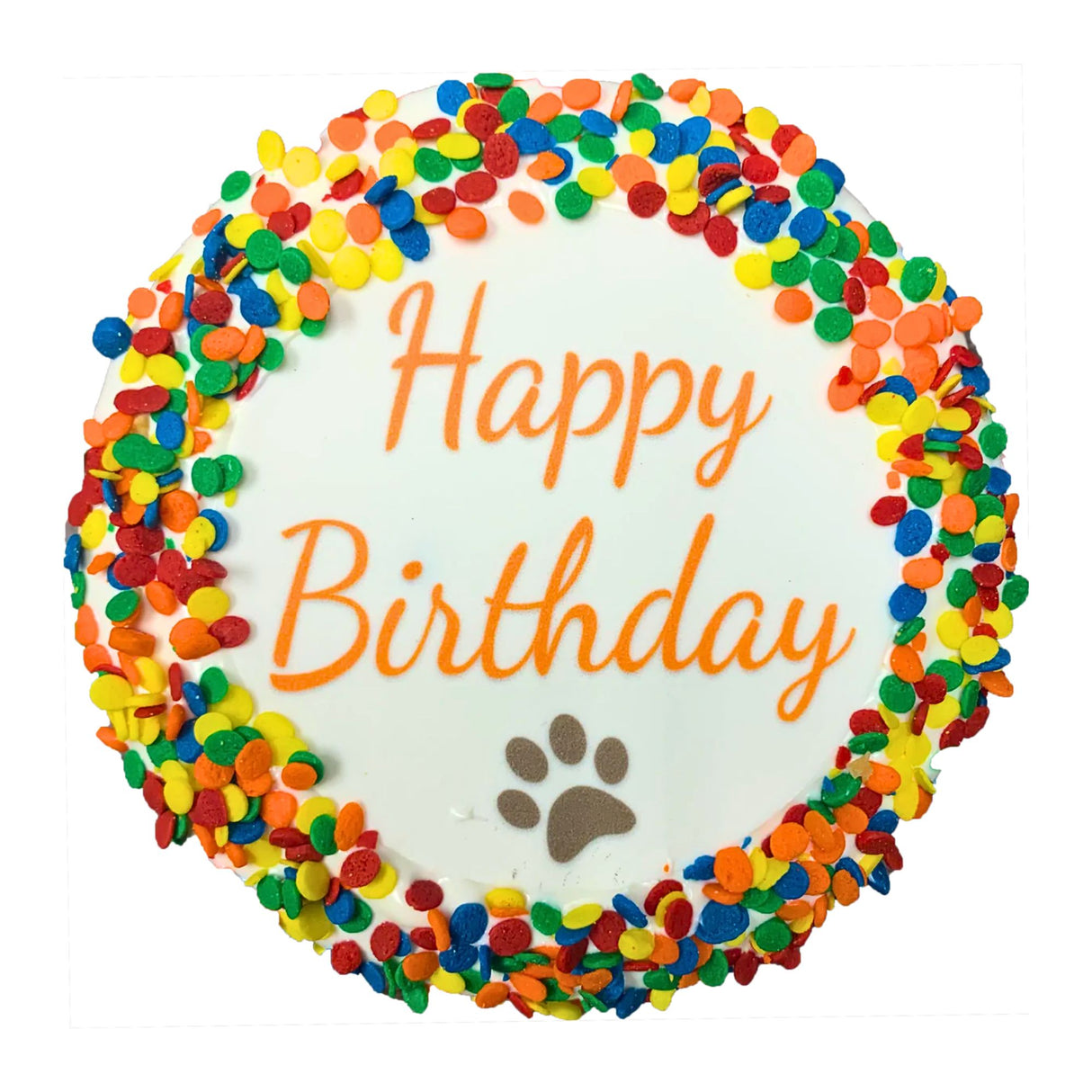Round cake with colorful sprinkles and 'Happy Birthday' text, featuring a paw print on a white background.