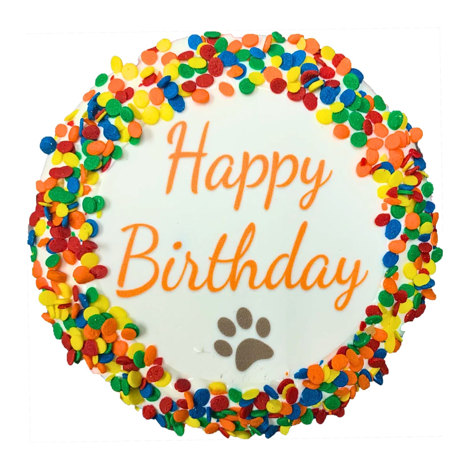 Round cake with colorful sprinkles and 'Happy Birthday' text, featuring a paw print on a white background.