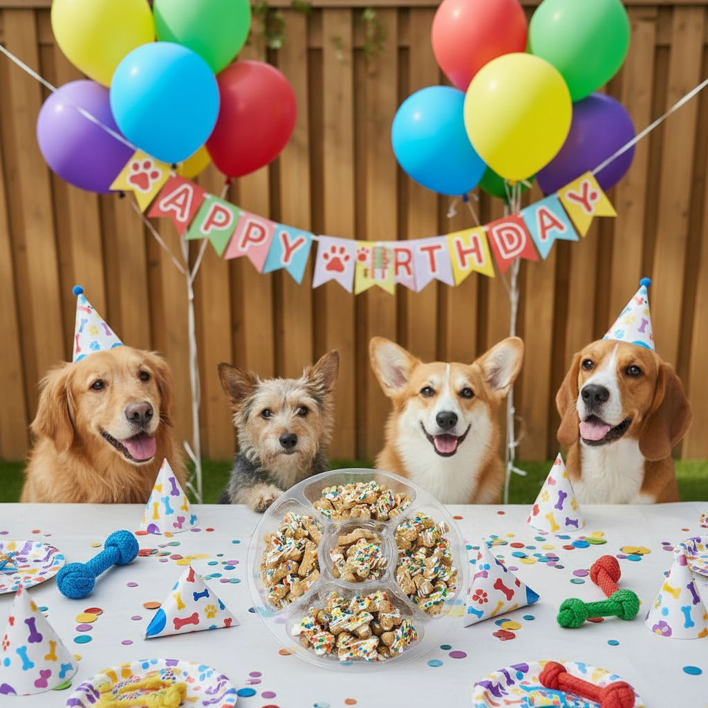 Four dogs at a birthday party with balloons, a 'Happy Birthday' banner, and treats on a table.
