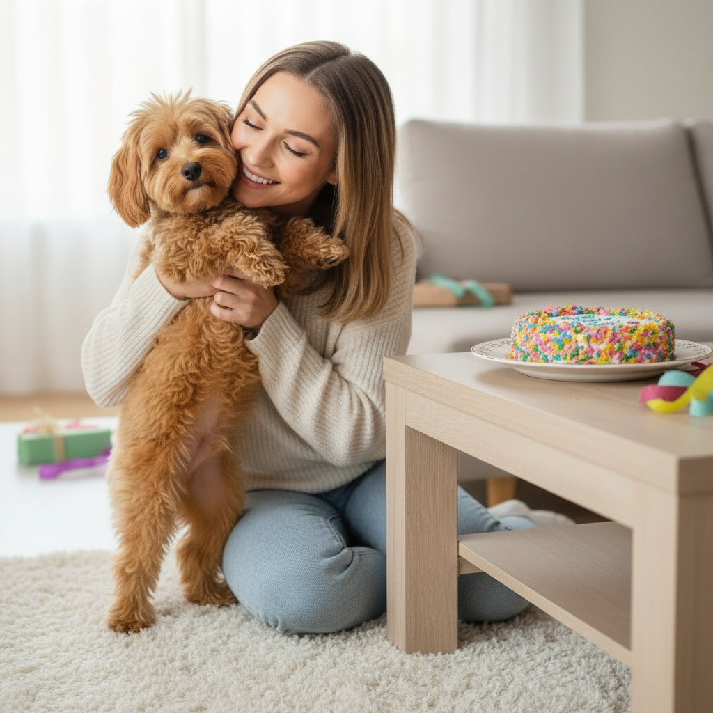 Woman holding a small brown dog in a living room with a colorful cake on a table.