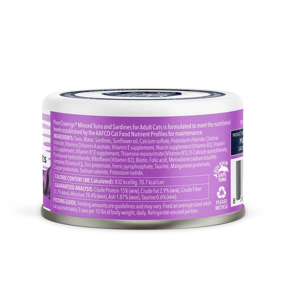 Pure Cravings Minced Tuna & Sardines Mercury Tested Canned Cat Food, 12/3oz