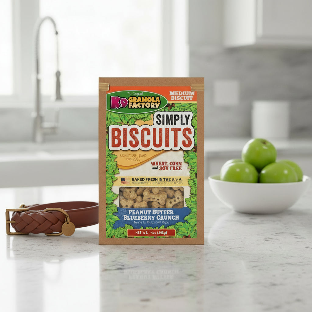 Package of K9 Granola Factory Simply Biscuits for dogs on a counter