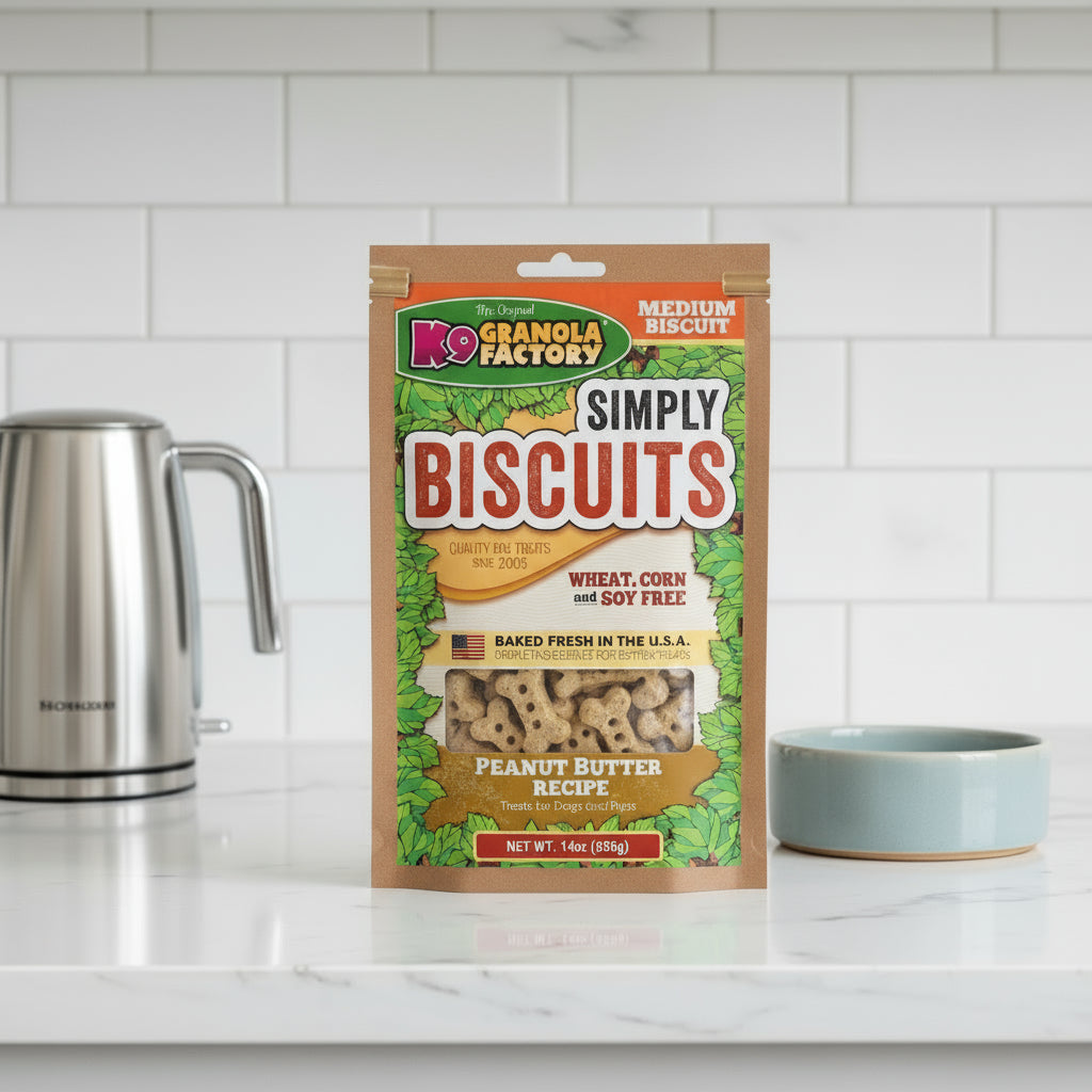 Package of K9 Granola Factory Simply Biscuits dog treats on a counter