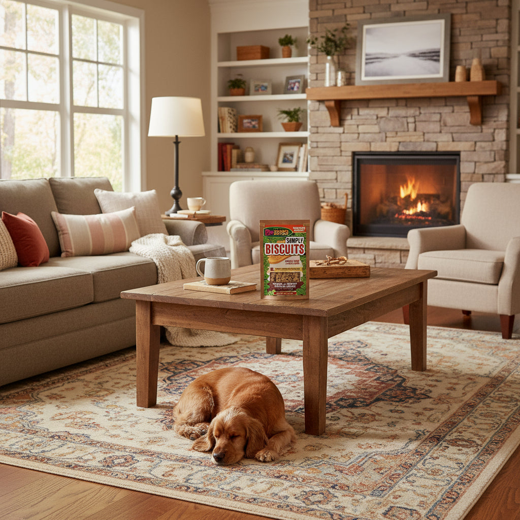 Cozy living room with a fireplace, coffee table, a bag of K9 Granola Factory Simply Biscuits, and dog resting on the floor.