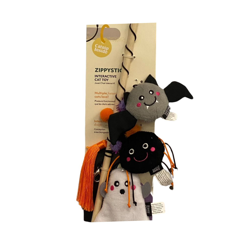 Zippy Paws Halloween 2024 ZippyClaws Zippy Stick Plush Cat Toy, Ghost with Friends