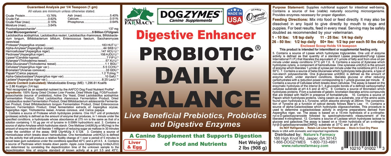 Nature's Farmacy Dogzymes Probiotic Daily Balance Digestive Enhancer Supplement For Dogs
