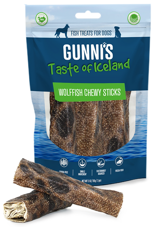 Gunni's Taste of Iceland Wolffish Skins Chewy Sticks Dog Treats, 3pk