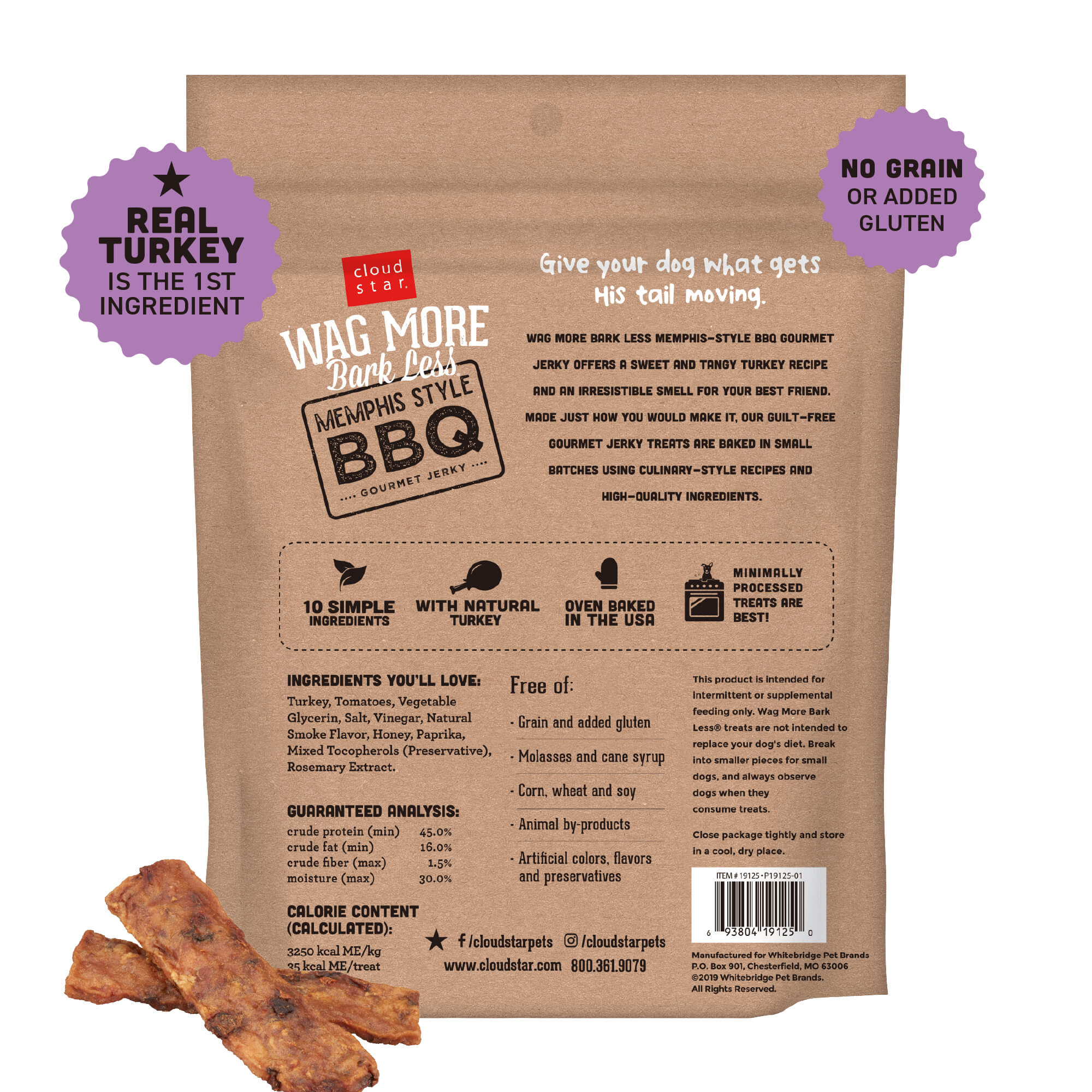 Cloud Star Wag More Bark Less Memphis Style BBQ Turkey Recipe Jerky Dog Treats, 10oz