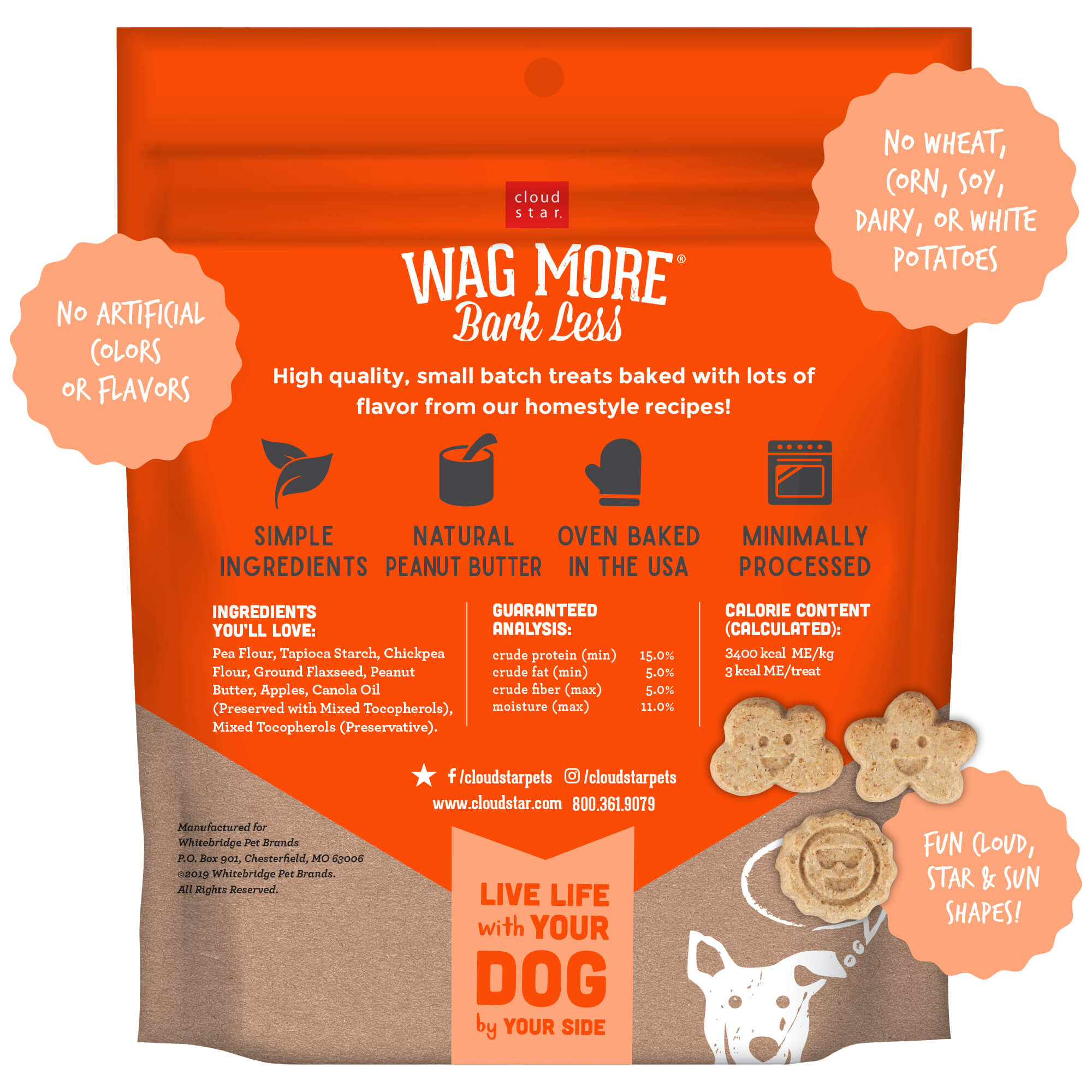 Cloud Star Wag More Bark Less Mini Biscuits Grain Free Oven Baked Dog Treats with Peanut Butter & Apples, 7oz
