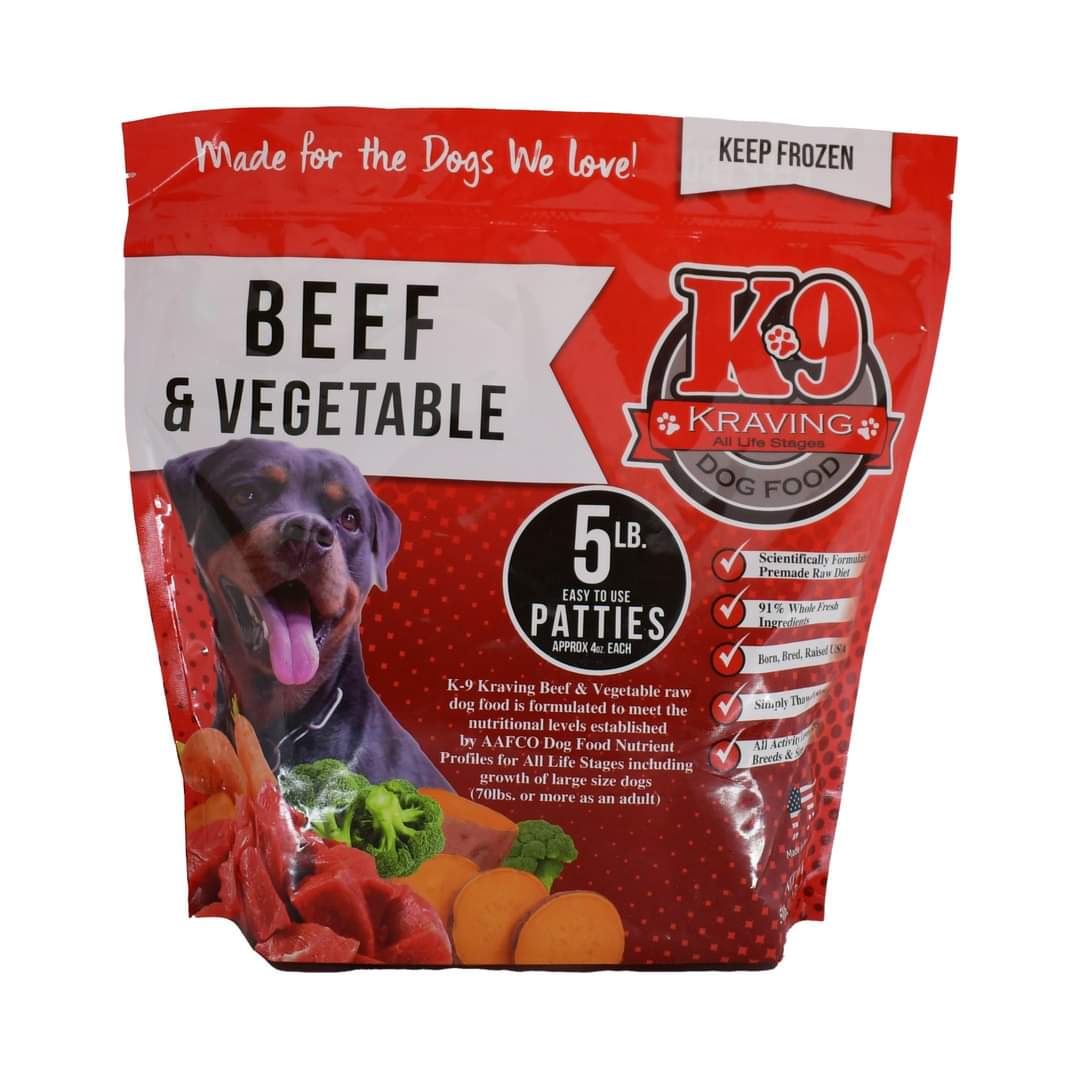 K-9 Kraving Beef & Vegetable Raw Dog Food, 5lb Patties -6ct/30lb Case