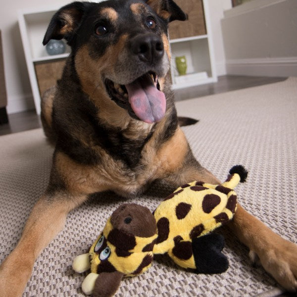 goDog Hear Doggy Ultrasonic Flattie Yellow Giraffe Durable Plush Dog Toy