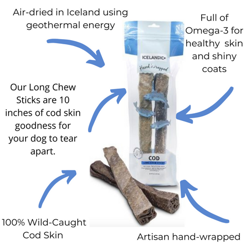 Icelandic+ Hand Rolled Cod Skin Sticks Crunchy Dog Treats, 10" 2pk