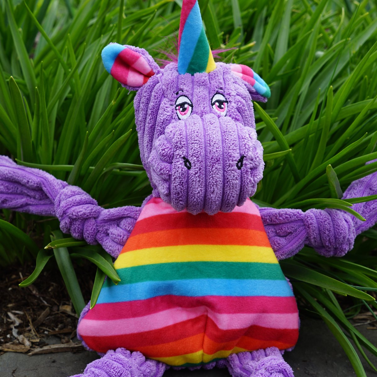 HuggleHounds Knottie Rainbow Durable Squeaky Plush Dog Toy, Unicorn