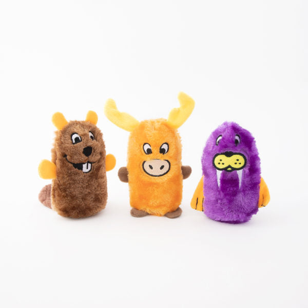 ZippyPaws Squeakie Buddies Plush Dog Toy, Beaver, Moose & Walrus