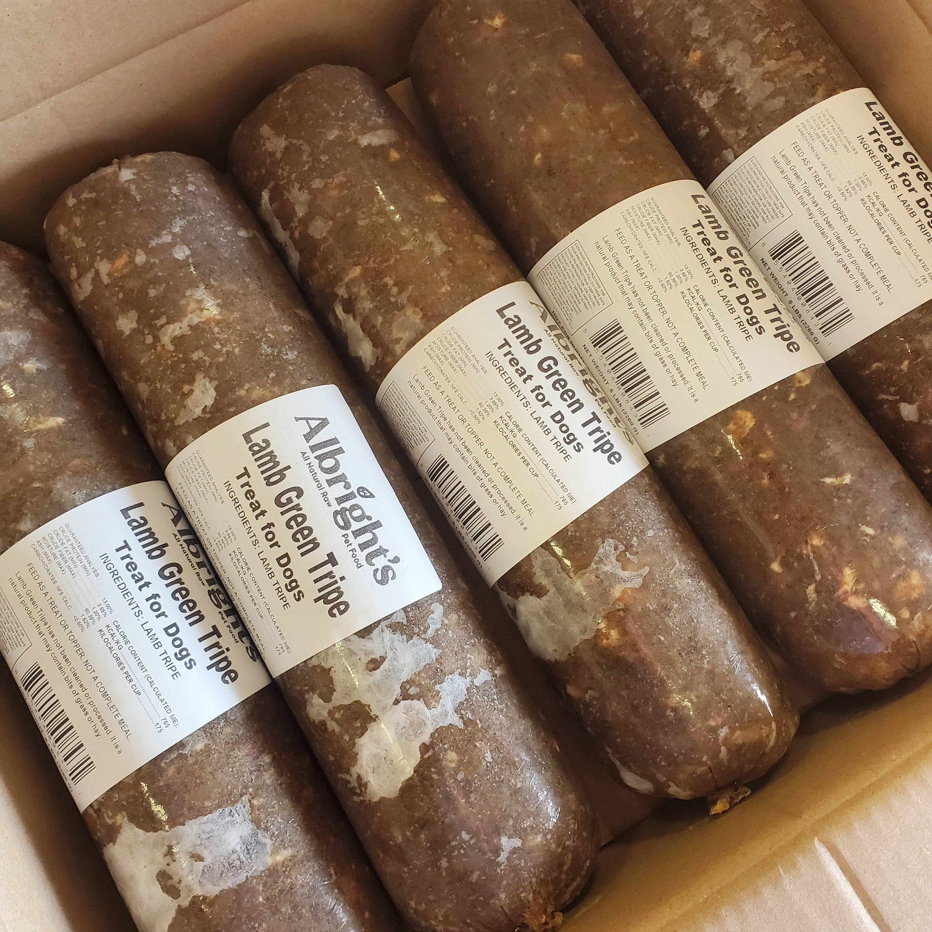 Albrights Green Lamb Tripe Raw Frozen Complete Diet Dog Food, 5lb Chubs 5ct/25lb Case