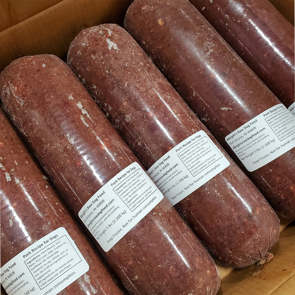 Albrights Pork Formula Raw Frozen Complete Diet Dog Food, 5lb Chubs 5ct/25lb Case