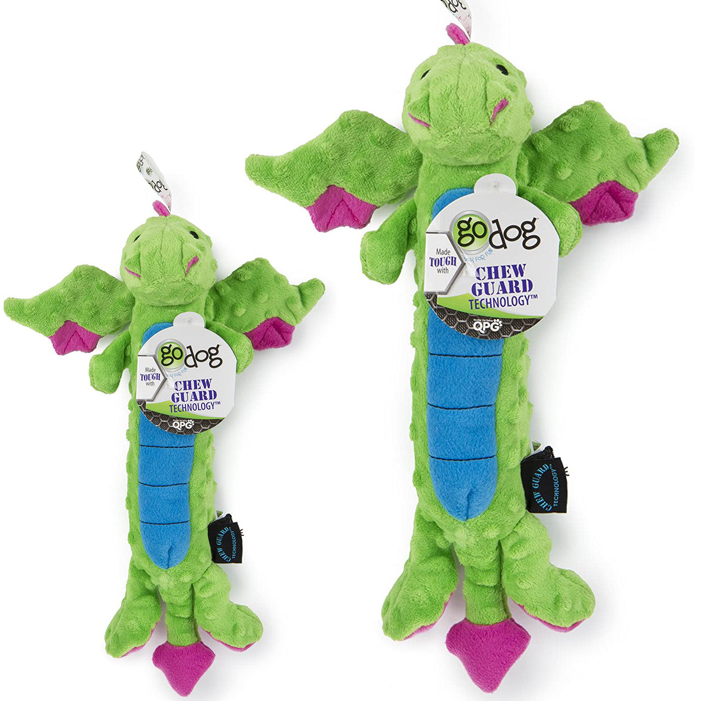 goDog Skinny Dragon Durable Squeaky Plush Dog Toy, Green