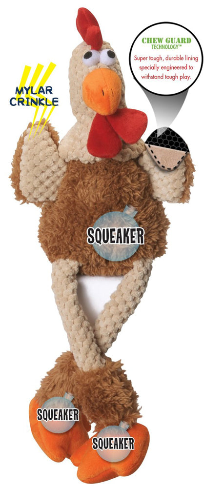 goDog Checkers Skinny Brown Rooster Durable Plush Dog Toy – White