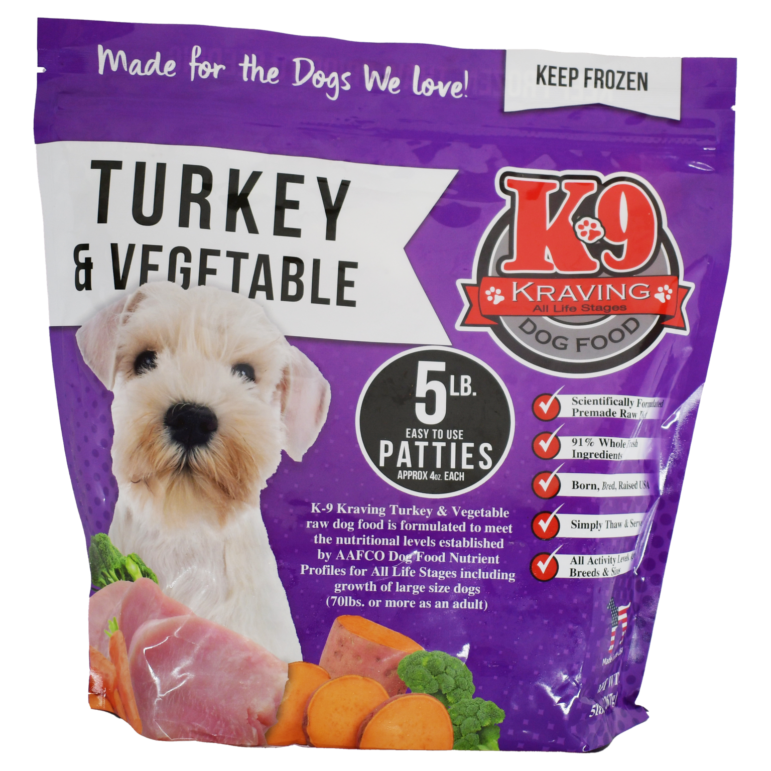 K-9 Kraving Turkey & Vegetable Raw Dog Food, 5lb Patties - 6ct/30lb Case