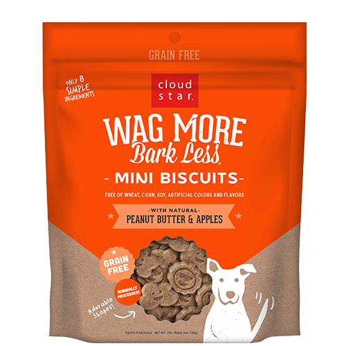 Cloud Star Wag More Bark Less Mini Biscuits Grain Free Oven Baked Dog Treats with Peanut Butter & Apples, 7oz
