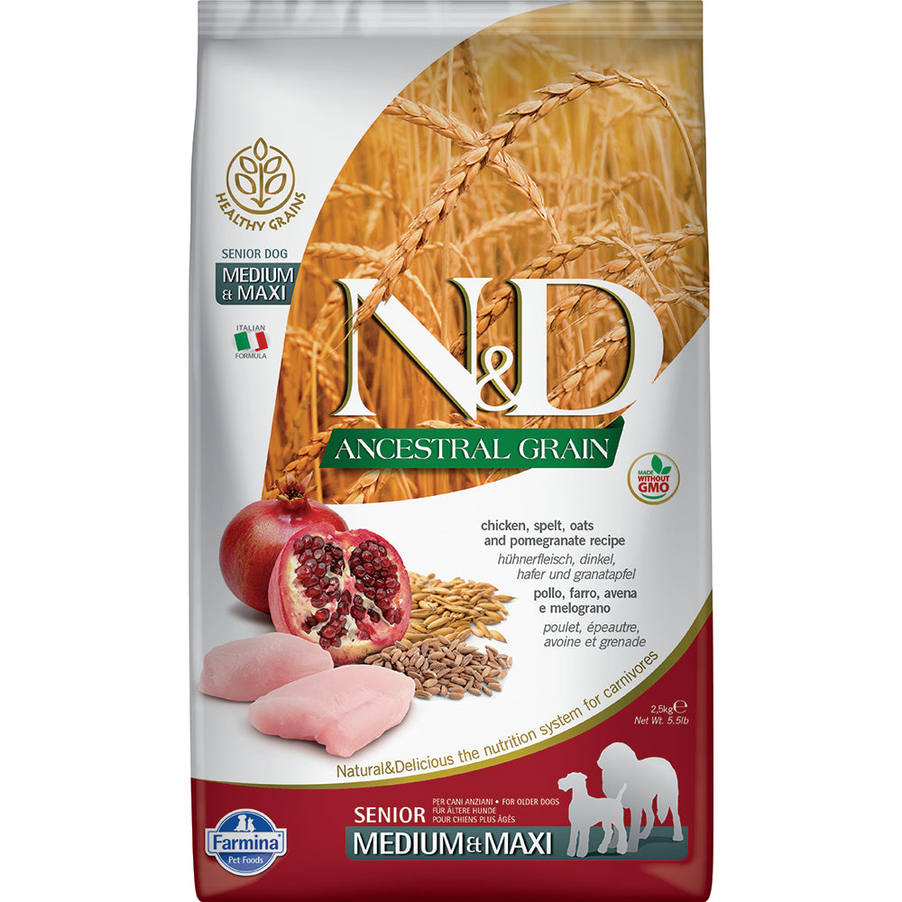 Farmina N&D Ancestral Grain Chicken & Pomegranate Recipe Senior Medium & Maxi Dry Dog Food